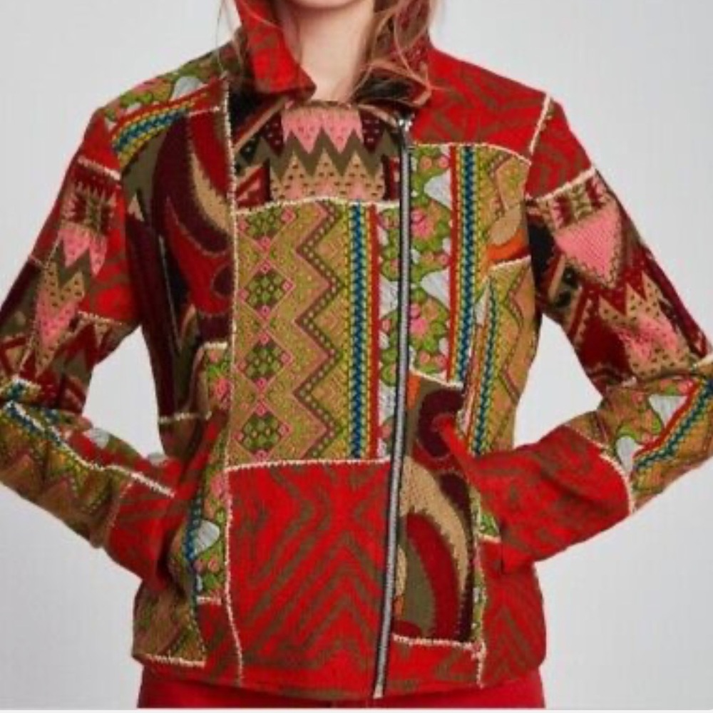 Zara Tapestry Patchwork Moto Jacket Multicolor Zi… - image 3